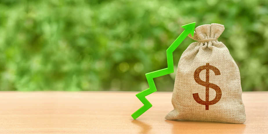 Money bag with dollar symbol and green up arrow. Increase profits and wealth. growth of wages. Investment attraction. loans and subsidies. favorable conditions. Favorable conditions for busin