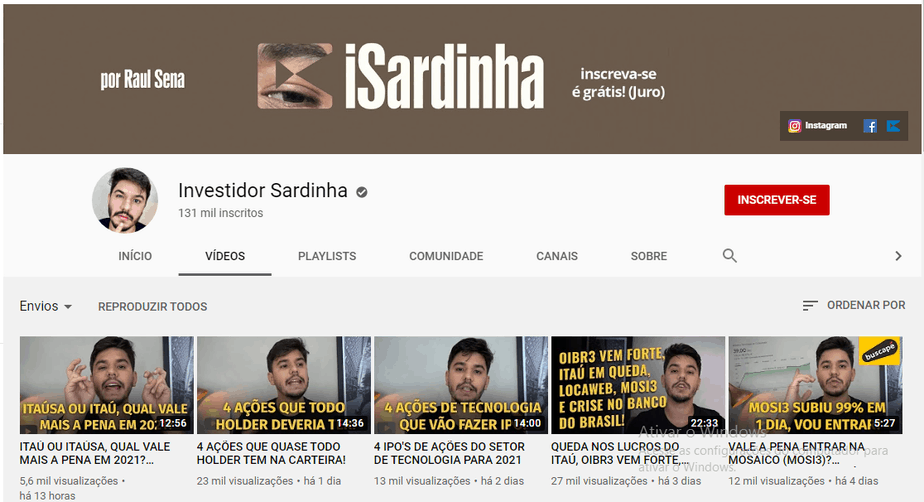 Canal do Youtube de Raul Sena, o Investidor Sardinha