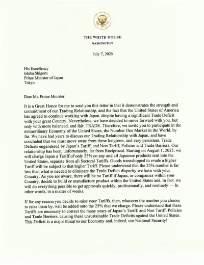 Trump divulgou documento enviado aos países asiáticos nesta segunda (Imagem: Reprodução/Redes Sociais)