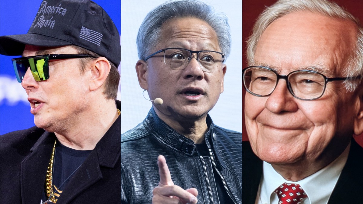 Elon Musk, da Tesla, Jensen Huang, da Nvidia, e Warren Buffett, da Berkshire Hathaway (Imagem: Shutterstock)