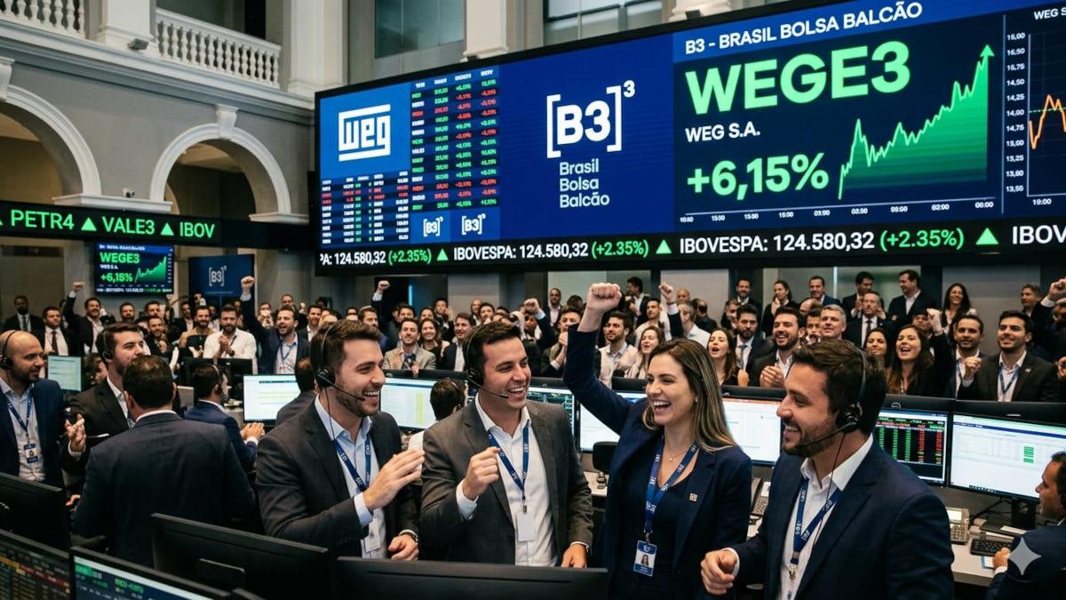 WEGE3 chega a disparar +3,2% na máxima do dia e sustentar IBOV (Imagem: Google Gemini/Gerado por IA)