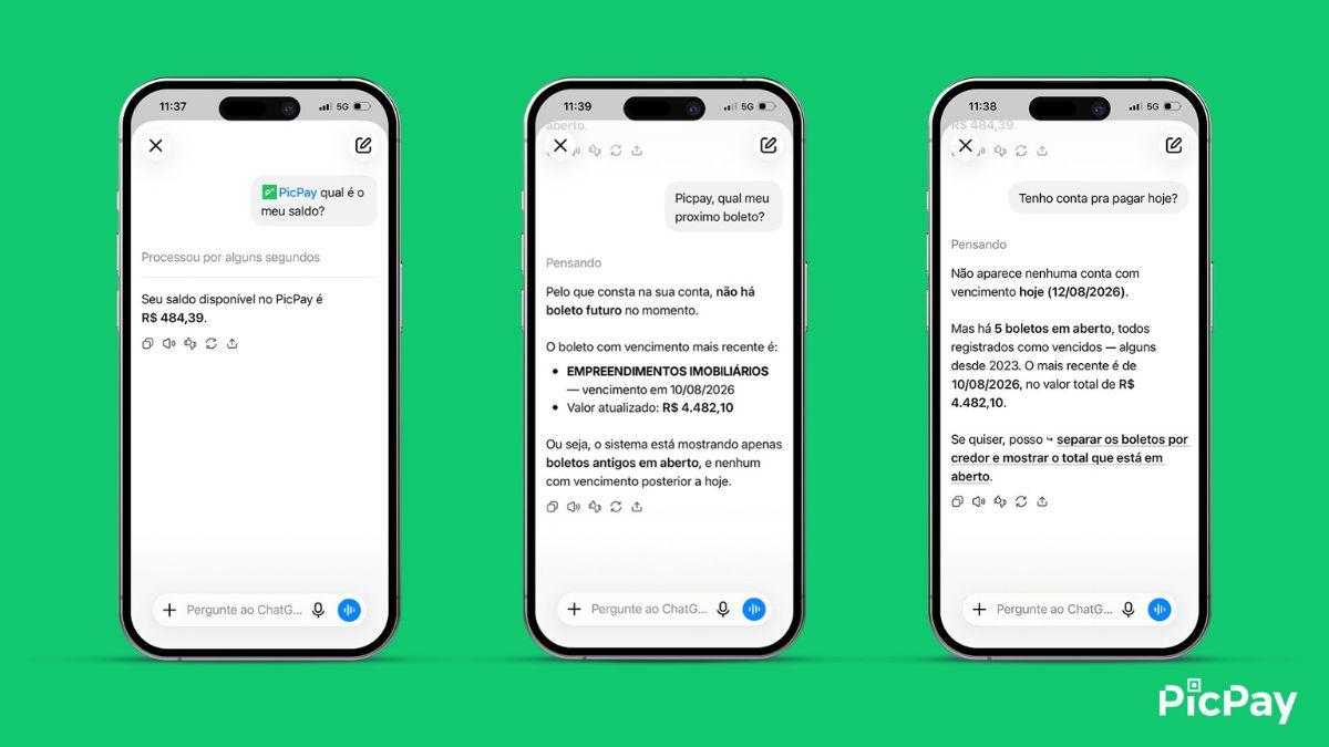 Clientes do PicPay poderão fazer perguntas como "qual é o meu sado?" para o ChatGPT (Imagem: Divulgação)