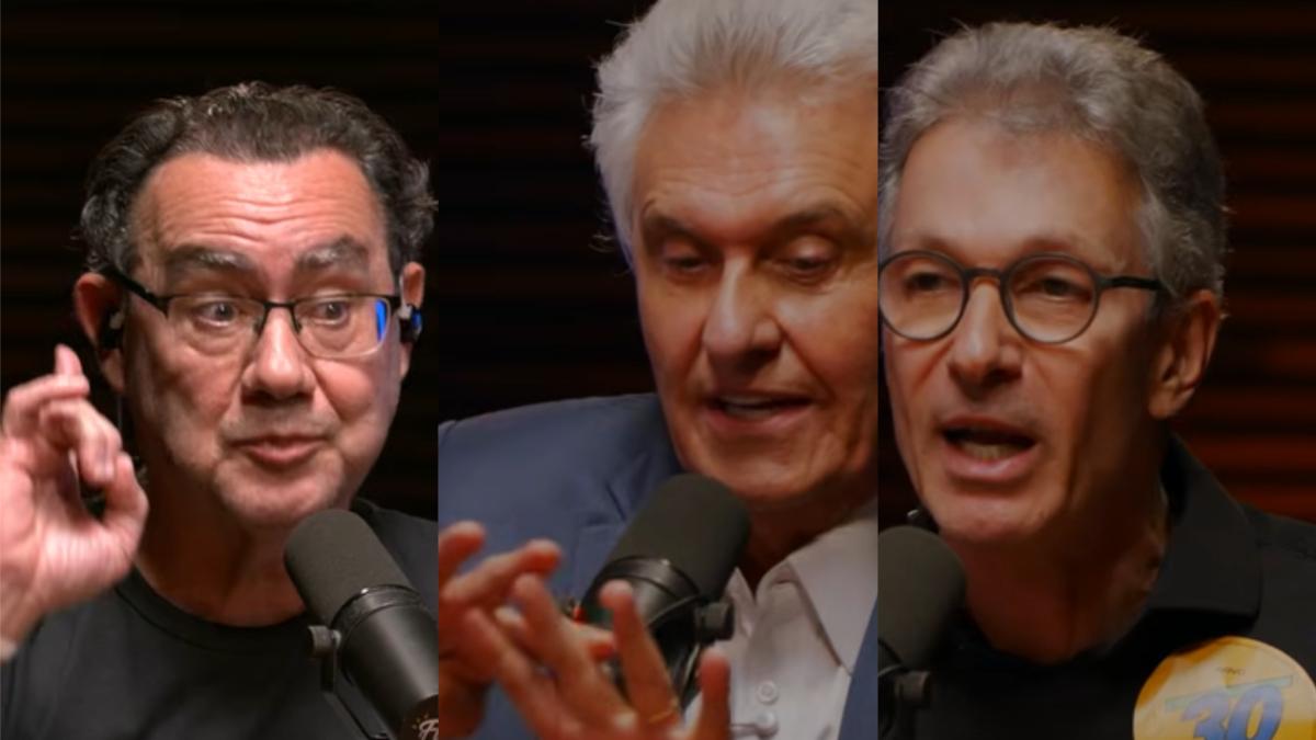 Flow Podcast usou vídeos de Lula e Flávio Bolsonaro para questionar os presentes no debate (Imagem: Reprodução)
