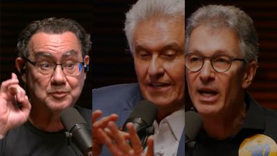 Flow Podcast usou vídeos de Lula e Flávio Bolsonaro para questionar os presentes no debate (Imagem: Reprodução)